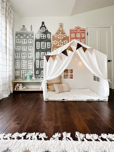 Fun Playroom Design, Paint House On Wall Playroom, Gender Neutral Playroom Mural, Playroom Murals, Playroom Tent, Kids Playroom Wall Ideas, House Painted On Wall Kids, Playroom House On Wall, Playroom Wall Mural