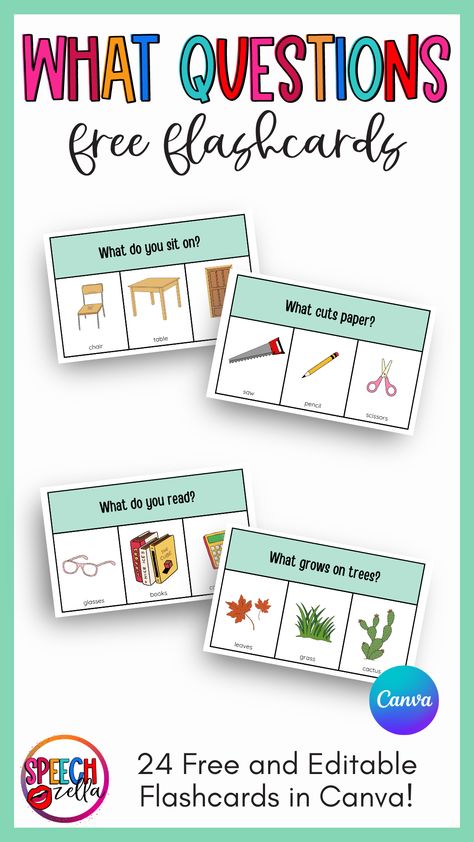 Discover the ultimate tool for speech therapists and educators with our free, editable 'What' questions flashcards. Designed with engaging visuals and editability, these flashcards will help your students master their 'wh'-questions skills and improve their speech development. Don't miss the chance to download these printable resources - click now! Aba Therapy Printables, Wh Questions Flashcards, Ablls Activities Free Printables, Expanding Utterances Speech Therapy, Speech Development By Age, Proloquo2go Activities, Free Speech Therapy Printables, Preschool Speech Therapy Activities, Wh Questions Speech Therapy