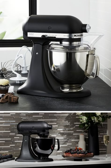 This modern matte black stand mixer is the ultimate display of luxury and allows you to bake the fluffiest cakes and cookies. Matte Black Kitchen Accessories, Black Kitchen Accessories, Assiette Design, Ikea Black, Interior Cottage, Matte Black Kitchen, Decor Ikea, Interior Colour, Kitchen On A Budget