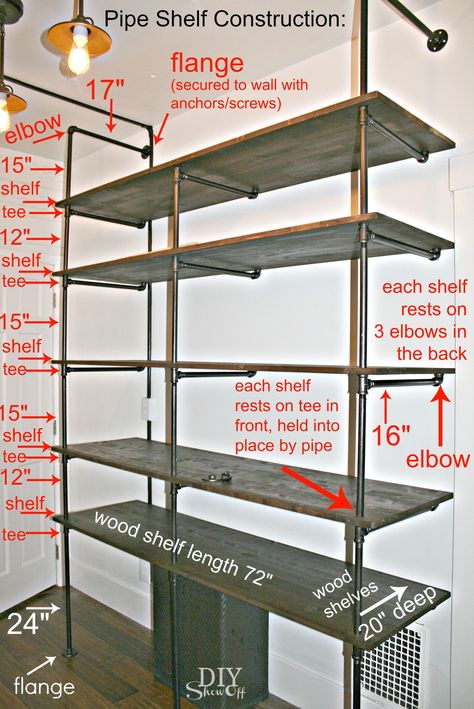 DIY pipe shelf construction Diy Pipe Shelves, Industrial Pipe Furniture, Shelves Decor, Pipe Shelf, Diy Shows, Industrial Pipe Shelves, Diy Pipe, Pipe Furniture, Pipe Shelves