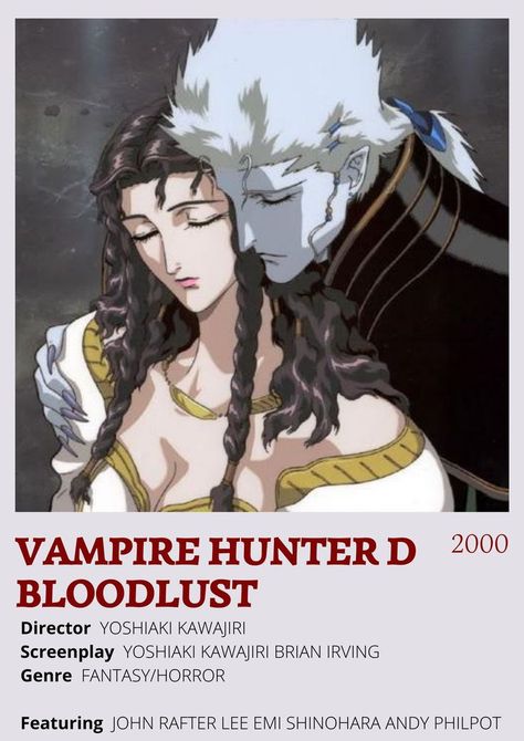 Vampire Hunter D Bloodlust movie poster Vampire Hunter Anime, Vampire Hunter D Bloodlust, Vampire Hunter D, Japanese Animated Movies, Vampire Movies, Good Anime Series, Dark Souls Art, Great Movies To Watch, Anime Printables