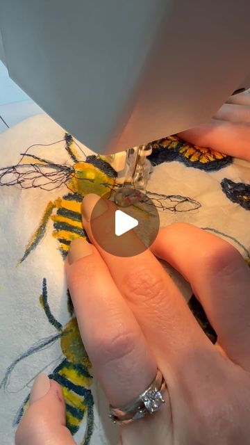 Brandi Kole on Instagram: "Mixed media bees with free motion embroidery and acrylic paint on interfacing 🐝🐝🐝

I try to use recycled materials whenever I can. I found a big roll of interfacing at a yard sale a few years ago and it’s still going strong. 

Interfacing one of my favorite materials to use. It feels like a mix between paper and fabric- it’s perfect for mixing painting and sewing.

#textileart #fiberart #mixedmediaart #sewing #embroidery #bordado #contemporaryart #mixedmedia #Instaart #broderie" Embroidery Acrylic Painting, Embroidered Stitches, Free Motion Embroidery, Sewing Embroidery, I Try, Yard Sale, Insta Art, Mixed Media Art, Textile Art