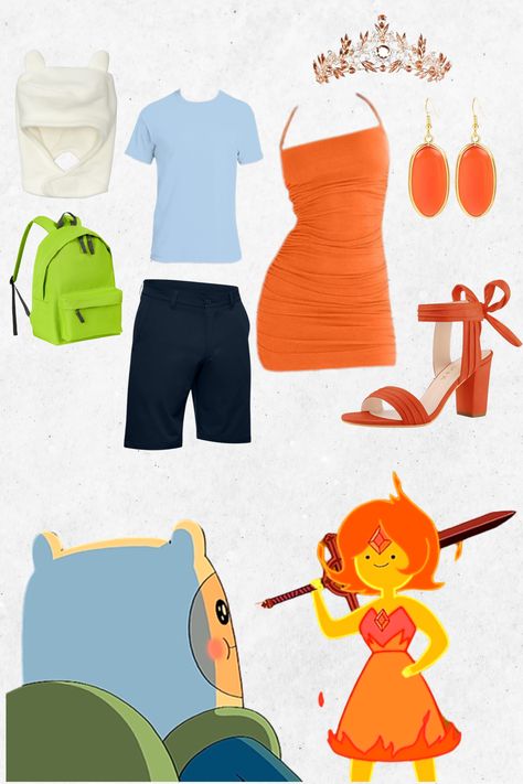 Flame Princess Halloween Costume, Flame Princess Outfits, Adventure Time Costume Couple, Finn And Flame Princess Costume, Video Game Characters Costumes, Adventure Time Costume Ideas, Adventure Time Couple Costumes, Finn And Jake Costume, Finn Halloween Costume