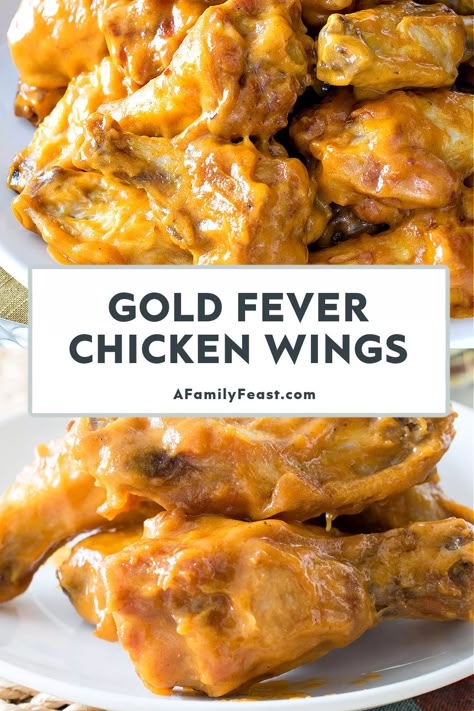 Gold Fever Chicken Wings - A Family Feast® Honey Gold Wings Recipe, Honey Gold Wing Sauce Recipe, Chicken Wing Sauce Recipes, Cayenne Pepper Sauce, Wing Sauce Recipes, Chicken Wing Sauces, School Lunch Recipes, Crispy Wings, Wing Sauce