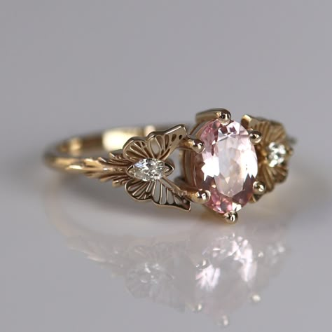 Kirei Ring - 14 karat rose gold Engagement Rings Pink Gold, Unique Marquise Cut Engagement Rings, Kawaii Engagement Ring, Pink Vintage Ring, Engagement Rings Cottage Core, Moth Engagement Ring, Coquette Engagement Ring, Alternate Engagement Rings, Fairy Core Ring