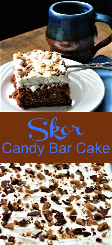 Skor Cupcakes Recipes, Skor Birthday Cake, Skor Bar Cake Recipe, Skor Cake Birthdays, Skor Bar Cake, Skor Dessert Recipes, Skor Poke Cake, Skor Dessert, Chocolate Carmel Cake