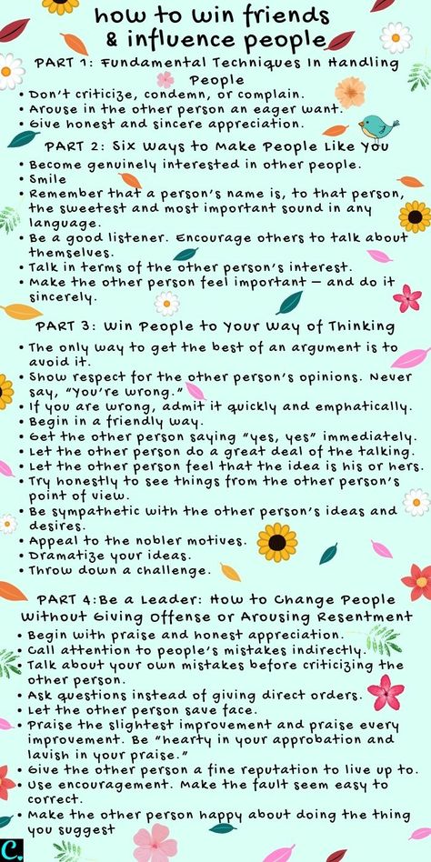 How to win friends and influence people #infographic #dalecarnegie #personaldevelopment #successmindset Proscatinating Quotes, How To Influence People Psychology, How To Win Friends And Influence People Summary, How To Socialize With People, How To Win Friends And Influence People, Influencing People, People Infographic, Influence People, How To Influence People