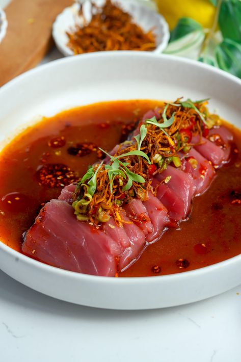 Tuna Crudo How To Make Spicy Tuna, Fresh Albacore Tuna Recipes, Tuna Crudo Recipe, Tuna Carpaccio Recipe, Tuna Entree, Tuna Tar Tar, Bluefin Tuna Recipe, Florida Thanksgiving, Tuna Pate