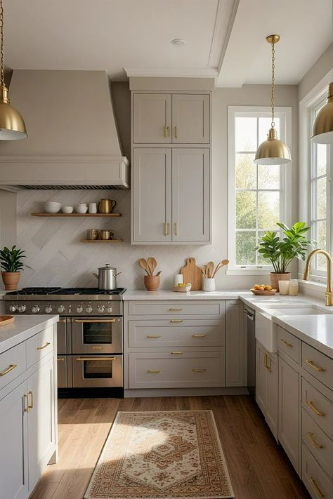 Elegant Kitchen Design Classic, Neutral Timeless Kitchen, Timeless Classic Kitchen, Kitchen With Brass Accents, Kitchen Traditional Modern, Modern Classic Interior Kitchen, Old Money Kitchen Aesthetic, Sloped Ceiling Kitchen, Old Money Kitchen