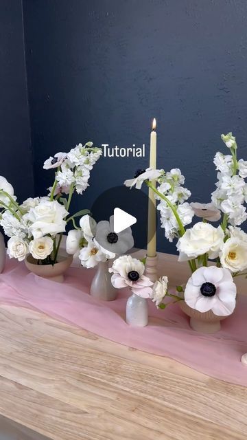 Anemone Bud Vase Centerpiece, White Roses In Bud Vases, Bud Vase Ranunculus, Bud Vases With White Flowers And Greenery, White Flower Bud Vases And Candles, Anemone Centerpiece, Bud Vases Arrangements, Vase Arrangements, Anemone