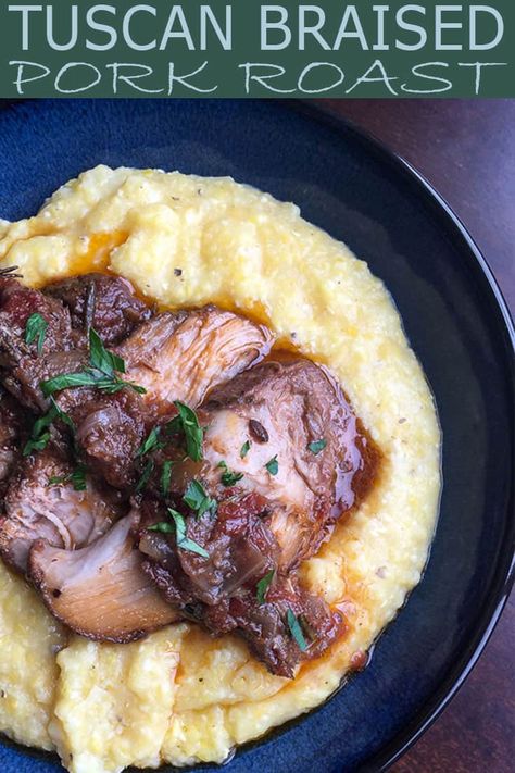 Braised Tuscan Pork Shoulder Roast is an incredibly flavorful pork roast recipe! Served on a bed of creamy polenta, Boston pork butt an amazing dinner recipe choice. #porkroast #porkrecipes #porkshoulder #braisedpork #pork Braised Pork Roast, Pork Roast Recipe, Braised Pork Shoulder, Pork Shoulder Recipes, Healthy Pork, Shoulder Roast, Pork Roast Recipes, Pork Shoulder Roast, Food Meat