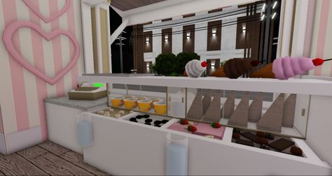 Bloxburg Boba Tea Shop, Bakery Bloxburg Interior, Stores To Make In Bloxburg, Bloxburg Ice Cream Shop Ideas, Ice Cream Parlor Decals Bloxburg, Ice Cream Bloxburg, Ice Cream Parlor Bloxburg, Ice Cream Shop Exterior Design, Bloxburg Town Shops Ideas