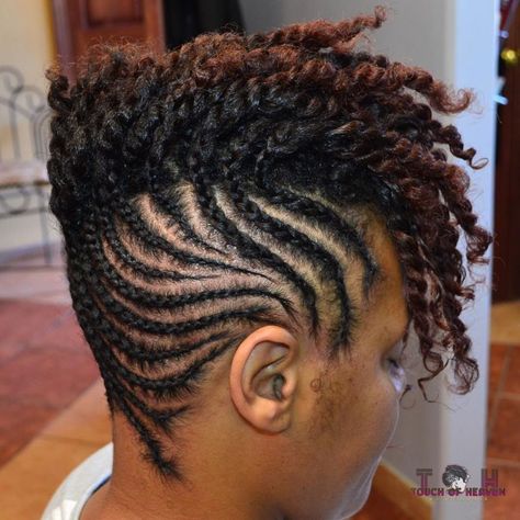 50 Updo Hairstyles for Black Women Ranging from Elegant to Eccentric Cornrows And Twists, Updo Cabello Natural, Cornrow Updo Hairstyles, Short Mohawk, Cornrows Natural Hair, Diy Updo, Flat Twist Hairstyles, Mohawk Braid, Twisted Updo