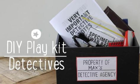 DIY detective play kit for imaginary fun Diy Mystery Game For Kids, Diy Mystery Game, Community Helper Dramatic Play, Csi Party, Detective Kit, Spy Camp, Spy Birthday Parties, Spy Kit, Easy Riddles