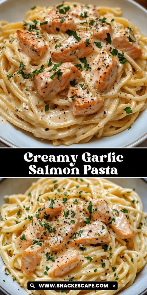 This creamy garlic salmon pasta is rich, flavorful, and oh-so-satisfying. Tender salmon and a luscious garlic cream sauce coat the pasta, making this dish a comforting yet elegant meal for any occasion. Salmon And Chicken Pasta, Fish Pasta Dishes, Creamy Salmon And Shrimp Recipes, Vodka Salmon Pasta, Salmon Cream Pasta, Easy Salmon Dishes, Pasta To Go With Salmon, Salmon Recipes Easy Quick, Salmon Noodles Recipe