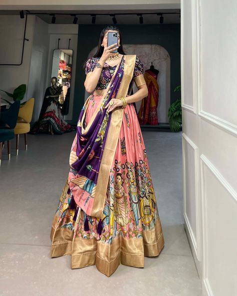 Shop now by contact or WhatsApp 097806 66577 ☀️☀️sale at 1950rs☀️☀️ *🌷Lehenga Choli🌷* Adorned in the elegance of Dola Silk and the intricate charm of Kalamkari prints, the lehenga choli whispers tales of tradition and beauty💐. *Lehenga(Stitched)* Lehenga Fabric : Dola Silk Lehenga Work : Kalamkari Print With Weaving Border Waist : SUPPORTED UP TO 42 Lehenga Stitching : Stitch With Canvas Lehenga Closer : Drawstring With Zip Length : 41 Flair : 3.40 Meter Inner : Micro Cotton *Blouse(... Silk Blouse Work, Kalamkari Prints, Peach Lehenga, Kalamkari Print, Mirror Work Lehenga, Sequin Saree, Lehenga Fabric, Wedding Lehenga Designs, Organza Lehenga