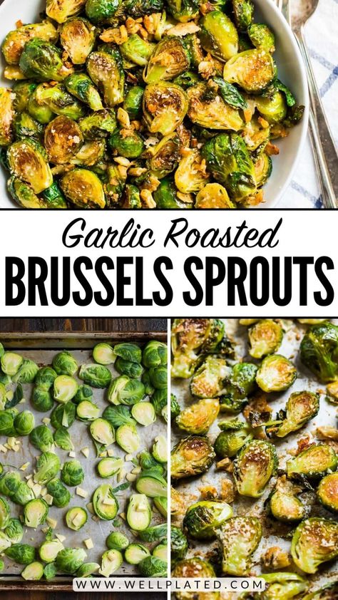 Roasted brussels sprouts with garlic are the best, easiest way to cook brussels sprouts! Crisp on the outside and sweet and tender on the inside. DELICIOUS! Vegan Brussel Sprout Recipes, Roasted Garlic Brussel Sprouts, Garlic Brussel Sprouts, Brussel Sprout Recipes Roasted, Sprouts Recipe, Roasted Brussel, Roasted Brussels Sprouts, Calorie Recipes, Sprout Recipes