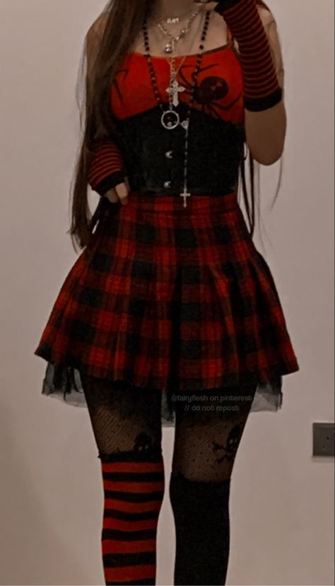 Valentines Day Goth Outfit, Red Punk Outfits Aesthetic, Red Gothic Aesthetic Outfit, Cute Black And Red Outfits, Red Egirl Outfits, Emo Red Outfit, Black And Red Clothing, Emo Valentines Day Outfits, Black And Red Grunge Outfit