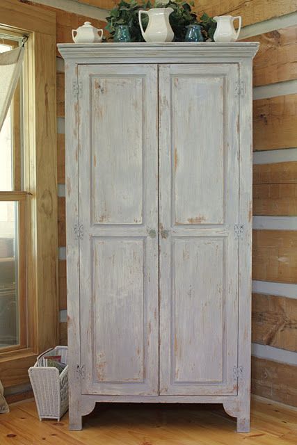 Annie Sloan Old White & Paris Gray Old Wooden Cupboard Makeover, Old Cupboard Makeover, Modern Wooden Cupboard Design, Armoire Pantry, Luxe Apartment, Armoire Repurpose, Cupboard Makeover, Wooden Cupboard Design, French Cupboard