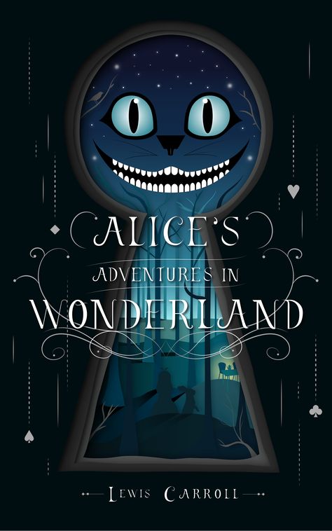 alice in wonderland book cover design with image of keyhole and the silhouettes of alice and the white rabbit inside the keyhole surrounded by a forest and a table set for a tea party off in the distance Alice In Wonderland Book Cover, Alice In Wonderland 1, Alice In Wonderland Poster, Alice In Wonderland Diy, Alice In Wonderland Illustrations, Alice In Wonderland Book, Mad Hatter Party, Alice Book, Alice's Adventures In Wonderland