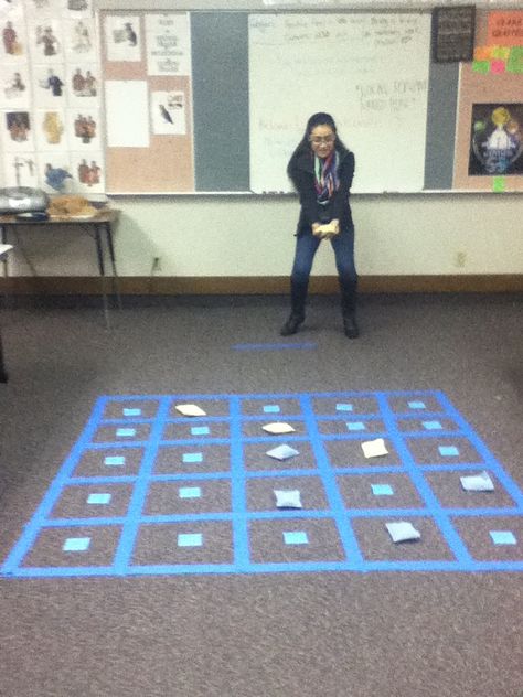 Connect four. Make a grid with painters tape on the floor. Then put a book of the Bible on the back of sticky notes and put them face down in the squares. A team tosses their color bean bag on the square and then has 10 seconds to find the book. If they fail, the other team has 10 seconds to find the passage and win the square. The first team to have 4 in a row wins Scripture Mastery Games, Seminary Games, Doctrinal Mastery, Scripture Mastery, Lds Seminary, 4 In A Row, Connect Four, Primary Activities, Youth Activities