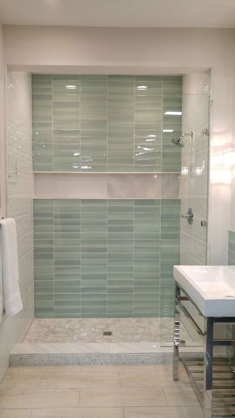 Bath Tile, Bathroom Redesign, Long Shelf, Bathroom Remodel Designs, Bathroom Remodel Shower, Bathroom Trends, Green Tile, Shower Remodel, Bathroom Renos