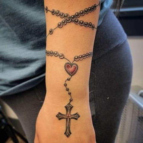 Bead Tattoo, Rosary Tattoo On Hand, Emerald Tattoo, Tattoo Armband, Rosary Bead Tattoo, Cute Shoulder Tattoos, Tattoo Cross, Tattoo Leggings, Believe Tattoos