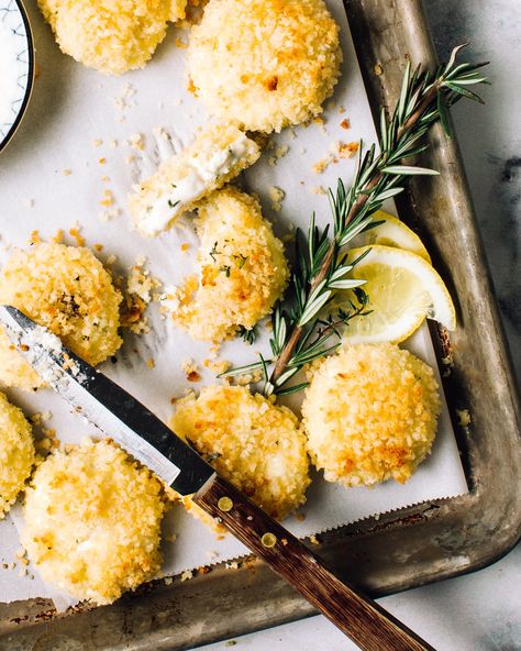 Baked Goat Cheese Fritters with Herbs Recipe - Foodess Cheese Fritters, Mozzarella Stick, Herbed Goat Cheese, Goat Cheese Appetizer, Fried Goat Cheese, Baked Goat Cheese, Cheese Appetizer, Goat Cheese Recipes, Healthy Yogurt