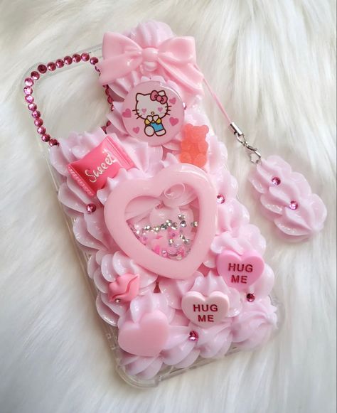 Cream Glue Phone Case Sanrio, Hello Kitty Phone Case Diy, Sanrio Decoden Case, Kawaii Phone Case Diy, Phone Case Kawaii, Hello Kitty Phone, Decoden Case, Sweet Hug, Hello Kitty Phone Case