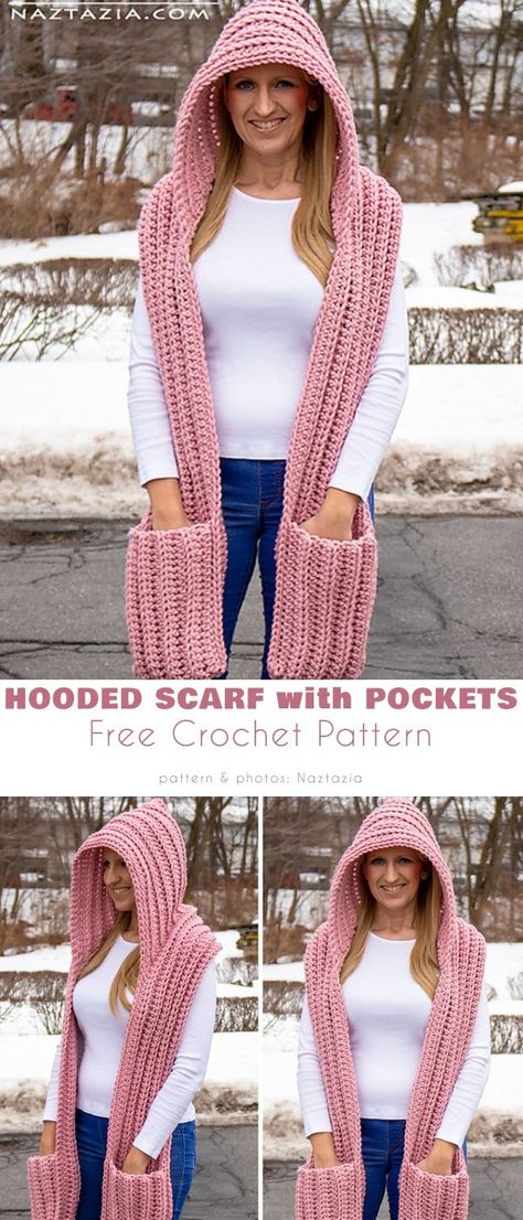 Pocket Hooded Scarf Wrap Free Crochet Patterns Crochet Hooded Scarf Pattern Free, Hooded Scarf With Pockets, Crochet Earwarmers, Nanny Fran, Crochet Hooded Scarf Pattern, Crochet Family, Crochet Hooded Cowl, Scarf With Pockets, Hooded Scarf Pattern