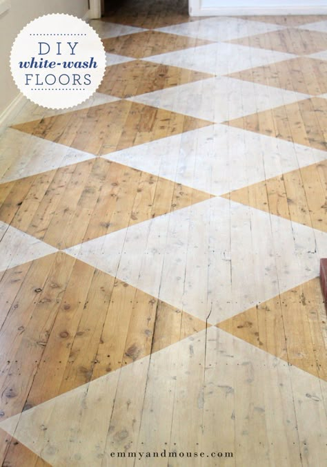 DIY white-washed patten floors | emma barrett creative Cottage Hallway, White Washed Floors, Wood Floor Pattern, Flooring Diy, Painted Wood Floors, Checkerboard Floor, Stencil Wood, Painted Floor, Stenciled Floor