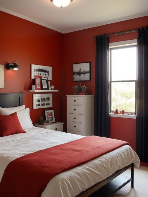 Create a bold statement in a boys bedroom by painting one wall in a vibrant red hue. Pair it with industrial-style furniture, such as a metal bedframe and wooden shelves, for a modern and masculine look. Bedroom Red Accent Wall, Red Accent Wall Bedroom, Red Boys Bedroom, Boy Room Red, Red Accent Wall, Boy Room Paint, Industrial Style Furniture, Accent Wall Bedroom, Bedroom Red