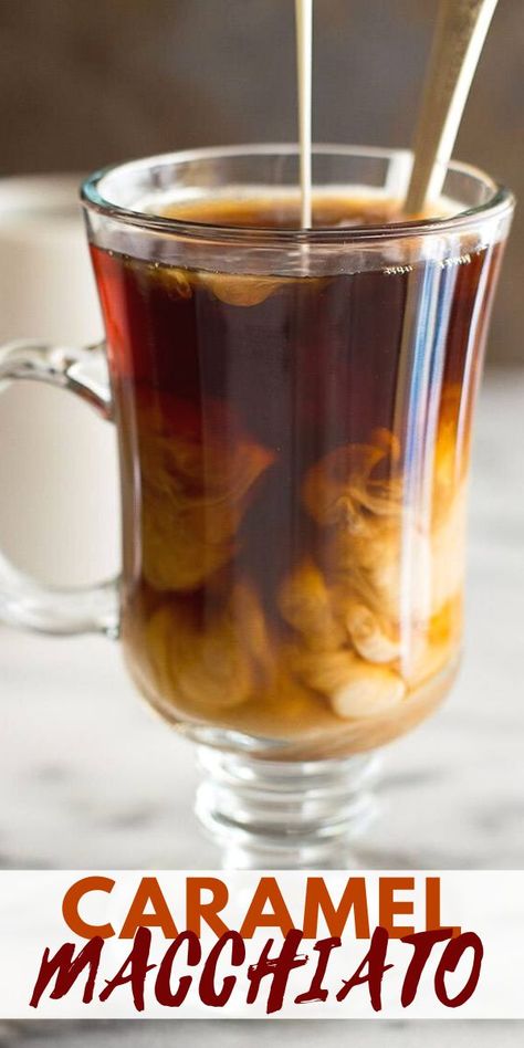 An easy recipe for Starbucks' caramel macchiato, with homemade caramel sauce. Caramel Macchiato Creamer Recipe, Starbucks Caramel Macchiato Recipe, Homemade Caramel Macchiato, Starbucks Caramel Macchiato, Baking Mischief, Flavored Coffee Recipes, Carmel Macchiato, Caramel Macchiato Recipe, Easy Breakfast Sandwich