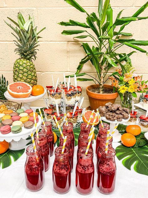 How to Throw a Tropical No Cook Brunch Rumballs Recipe, Tropical Brunch, Non Alcoholic Mimosa, Strawberries And Cream Cake, Cake Squares, Fun Straws, Mini Bagels, Mini Croissants, Chocolate Macaron