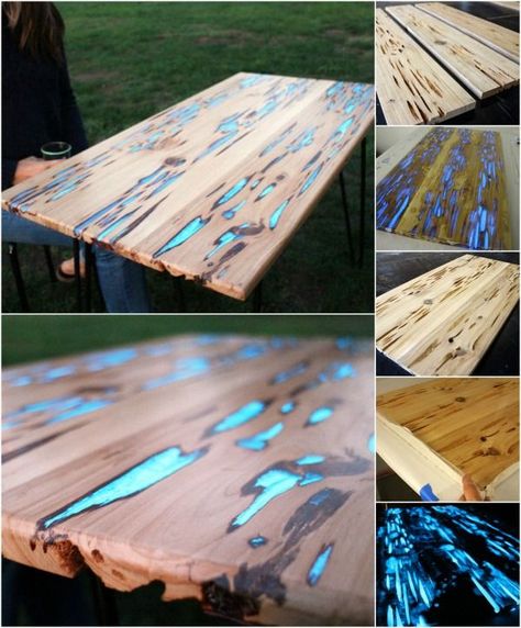 When most people see a cracked piece of timber they automatically condemn it as ruined. This project, however, celebrates those imperfections and even elevates them to create something stunning for your home. Glow Table, Dark Table, Bar Exterior, Diy Glow, Earthship, Summer Projects, Outdoor Bar, Diy Table, Rustic Diy