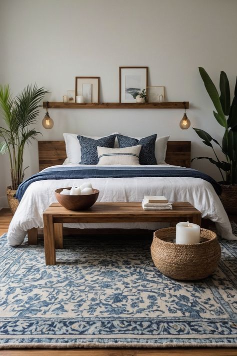 Bedroom Idea Colors, Earthy Tone Bedroom Aesthetic, Natural Guest Bedroom, Italian Villa Bedroom Tuscan Style, Modern Farmhouse Small Bedroom, Wood Inspired Bedroom, Coastal Modern Bedroom Ideas, Earthy Bedroom Blue, Light Blue And Brown Bedroom