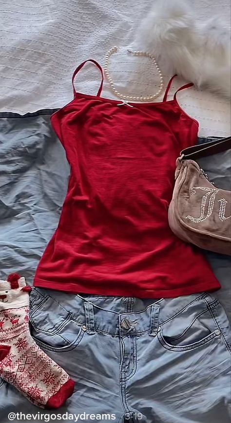 Dark Red Tank Top Outfit, 2000s Tank Top Outfit, Pearl Necklace Outfit Casual Jeans, Tank Top And Jacket Outfits, Red Y2k Tank Top, Layered Tank Top Outfits 2000s, Y2k Tank Top Outfit, Layered Tank Top Outfits, Red Tank Top Outfit