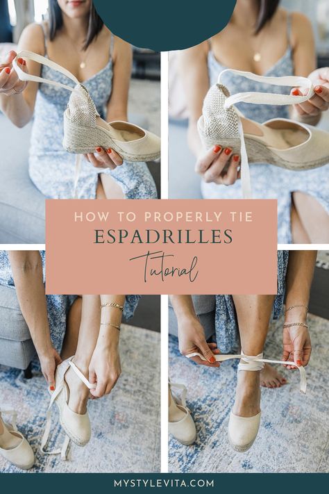 Espadrilles for summer are a must have but there's a right and wrong way to tie them! Wait until you see this tip for tying your espadrille wedges for summer. #elevatedeverydaytips Lace Up Espadrilles Outfit, Espradilles Outfit Style, Castaner Espadrilles Outfit, Espadrille Wedge Outfit, Espadrilles Outfit Summer, Espadrille Wedges Outfit, Summer Wedges Outfit, How To Style Espadrilles, How To Wear Espadrilles