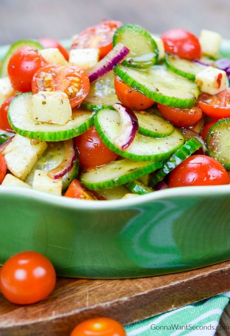 Featuring a sweet and tangy balsamic vinaigrette with creamy, salty mozzarella bits, this easy Cucumber Tomato Salad knows how to steal the show! #CucumberTomatoSalad #CucumberSalad #saladrecipe #tomatocucumbersalad #tomatosalad #easysaladrecipes #sidedish #salad Tomato Mozzarella Salad, Tomato Cucumber Salad, Vegetable Salads, Tomato Salad Recipes, Pasta Side Dishes, Mozzarella Salad, Pasta Sides, Cucumber Tomato Salad, Tomato Cucumber