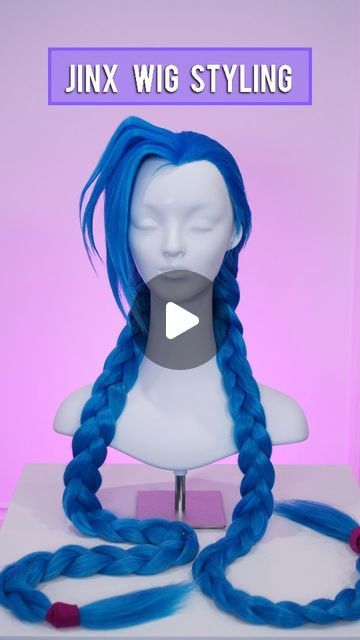 Kinpatsu Cosplay on Instagram: "Here's a quick video of how I styled my jinx wig from league of legends! 💜   For my base wigs I used a super long 150 cm wig and combined it with a blue lacefront from @ardawigs .   I added some extra ventilated hair to the sides of the wig for longer sideburns and also cut my own ear holes.   I then had to tease the wig so it was thick and poofy with a crimping iron and back combing and braided it all together with french braids.   For the bangs I teased them to be fluffy, then used a bit of blue dyed batting for extra volume on the wig and styled it into shape!   I'll be doing a full in depth video tutorial for this soon!  Thanks to @primalnerdz for the video editing!  . . . #cosplay #cosplaytutorial #wigstyling #jinxcosplay #arcanecosplay #leagueoflegend Jinx Braids, How To Style Cosplay Wigs, Jinx Wig, Wig Styling Tutorial Cosplay, Cosplay Wig Styling, How To Fix Cosplay Wigs, Extreme Cosplay Wigs, Crimping Iron, Jinx Cosplay