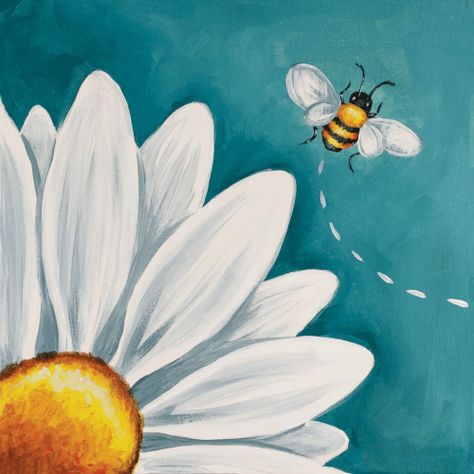 Bee Paintings On Canvas, Bee Flower Painting, Paint Night Ideas Easy, Pre Drawn Canvas For Painting, Canvas Paint Party, Canvas For Painting, Pre Drawn Canvas, Sip And Paint, Paint Your Pet