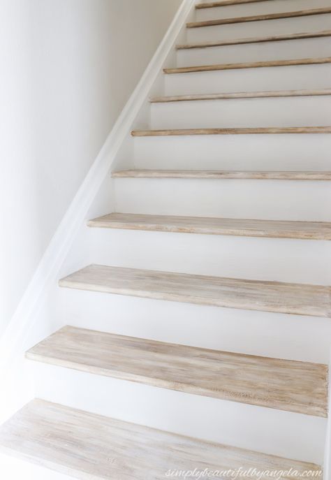 Light Wood Stairs With White Risers, Basement Stairs Painted, Painted Basement Stairs, Painting Particle Board, White Painted Stairs, Refinished Stairs, Painted Stairs Ideas, Wood Makeover, Basement Refresh