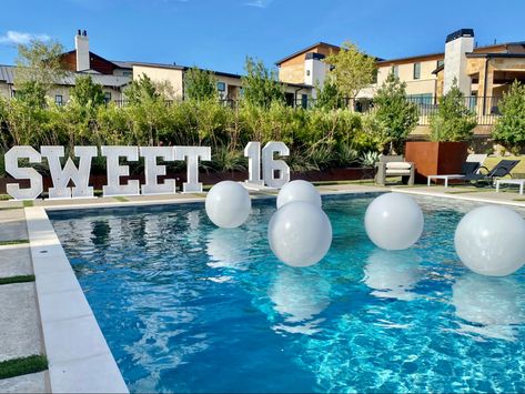 Floating Initials In Pool, All White Pool Party, Graduation Pool Party, Pool Balloons, Floating Pool Decorations, Name Balloons, Wooden Backdrops, Swim Party, Candyland Birthday