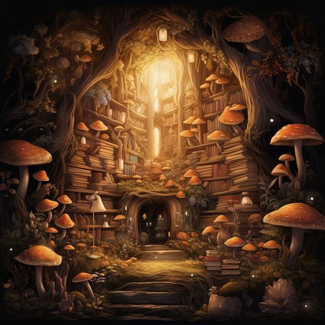 made by hoppedizel and midjourney (library, mushrooms, fantasy, fairytale) Mushroom Library, Gnome Aesthetic, Library Fairy, Fairytale Library, Gnome Village, Minecraft Village, Cave City, How To Store Bread, Library Aesthetic