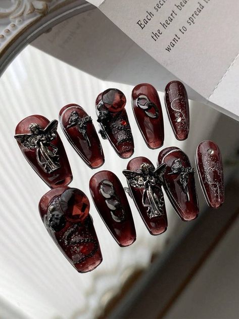 ROMWE Goth 10pcs Long Coffin Angel & Rhinestone Decor Fake Nail Kit | SHEIN USA Goth Angel, Red Stiletto Nails, Stiletto Nail Art, Goth Nails, Pointed Nails, Coffin Press On Nails, Fake Nail, Rhinestone Decor, Funky Nails