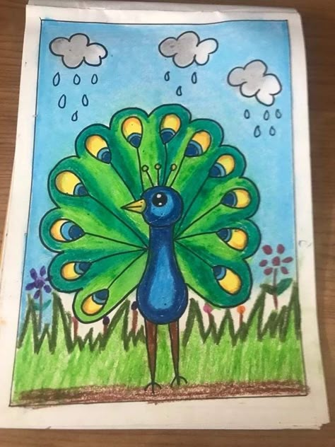 Peacock Drawing For Kids, Oil Pastel Drawing For Kids, Peacock Drawing Easy, Basic Drawing For Kids, Peacock Vector, Kids Canvas Painting, Oil Pastel Drawings Easy, Drawing Classes, Easy Art For Kids