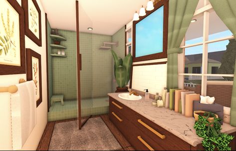 aesthetic green bloxburg bathroom Green Bloxburg Bedroom, Bloxburg Green Room Ideas, Bloxburg Cottage Bathroom, Bloxburg House Ideas Green, Cottage Bathroom Bloxburg, Green Bedroom Bloxburg, 2 By 3 Bloxburg Bathroom, Bloxburg Green House Ideas, Vintage Bloxburg Bathroom