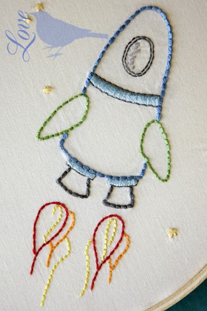 Love The Blue Bird: Outer Space - Embroidery Pattern... Space Embroidery, Baby Embroidery, Pola Sulam, Rocket Ship, Embroidery Patterns Free, 자수 디자인, Crewel Embroidery, Hand Embroidery Stitches, Hand Embroidery Patterns