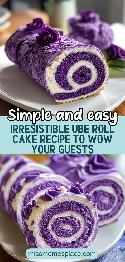 Ube Swiss Roll, Ube Crunch Cake, Purple Dessert Recipes, Recipes With Ube Halaya, Easy Ube Recipes, Ube Desserts Recipes, Ube Roll Cake Recipe, Purple Party Foods, Ube Cheesecake Recipe