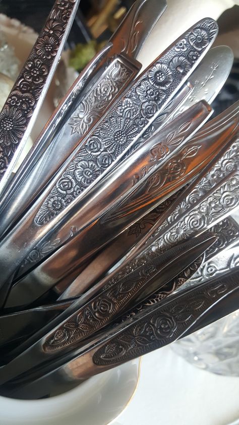 Vintage floral flatwear Floral Silverware, Thrifted Silverware Wedding, Antique Cutlery, Retro Silverware, Antique Silverware Vintage Cutlery, Vintage Silverware, Vintage Floral, Green, Floral